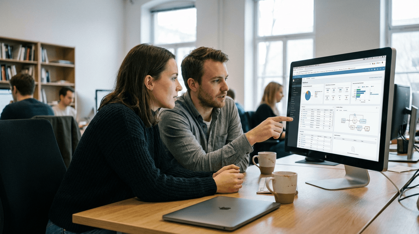 Product and engineering colleagues reviewing an enterprise application on a large monitor at a shared desk