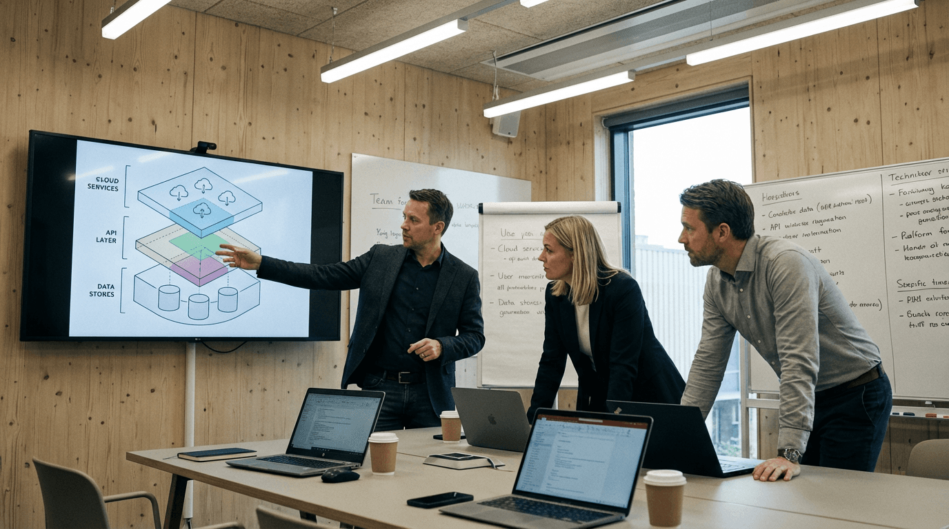 Solution architects reviewing a layered architecture diagram on a wall screen in a working session
