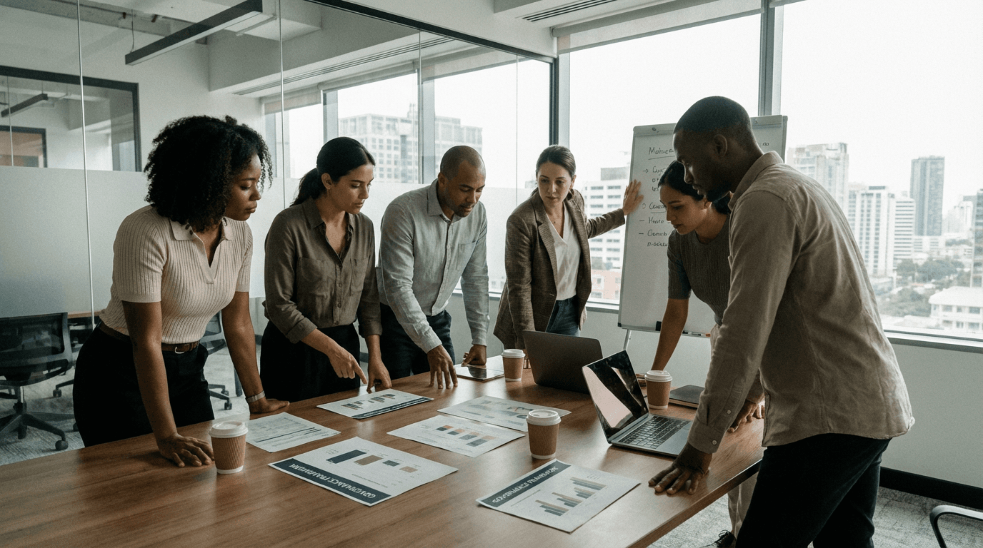Cross-functional leaders aligning on delivery and governance around documents and laptops in a modern workspace