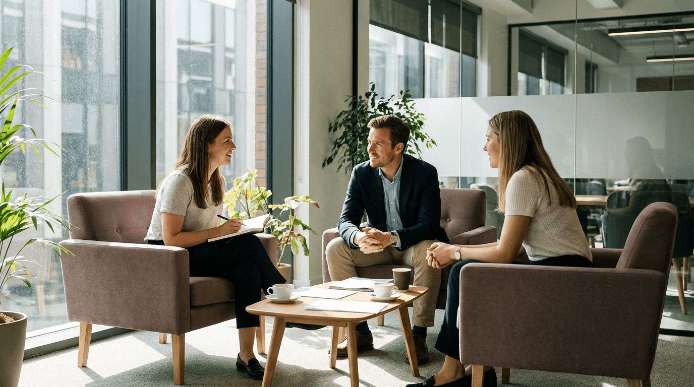 Candidates and interviewers in a professional conversation in a bright office lounge