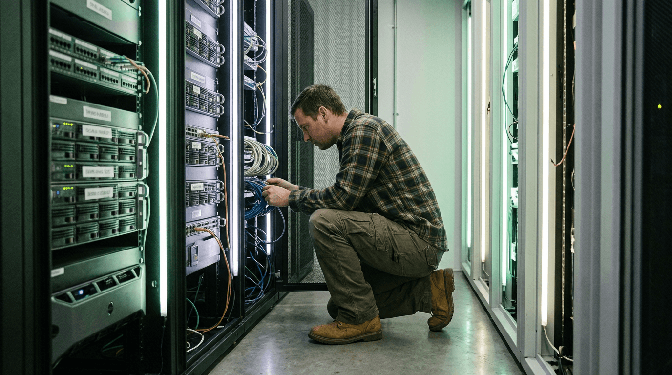 Data center technician inspecting server racks, representing resilient cloud and platform infrastructure