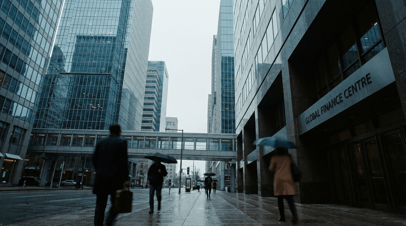 Modern city towers viewed from below, symbolizing scalable enterprise architecture and global operations
