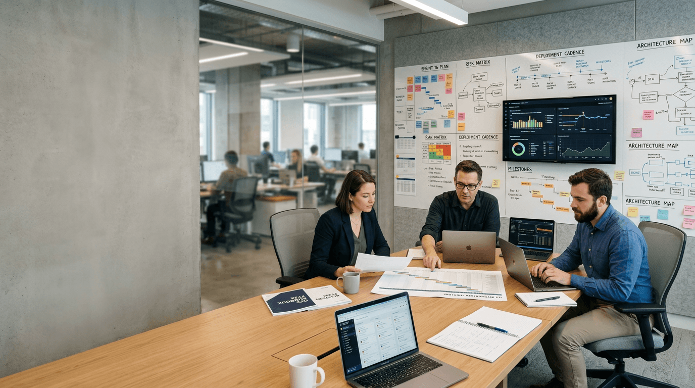 Architecture, engineering, and operations leads reviewing a delivery plan together in a modern operations workspace