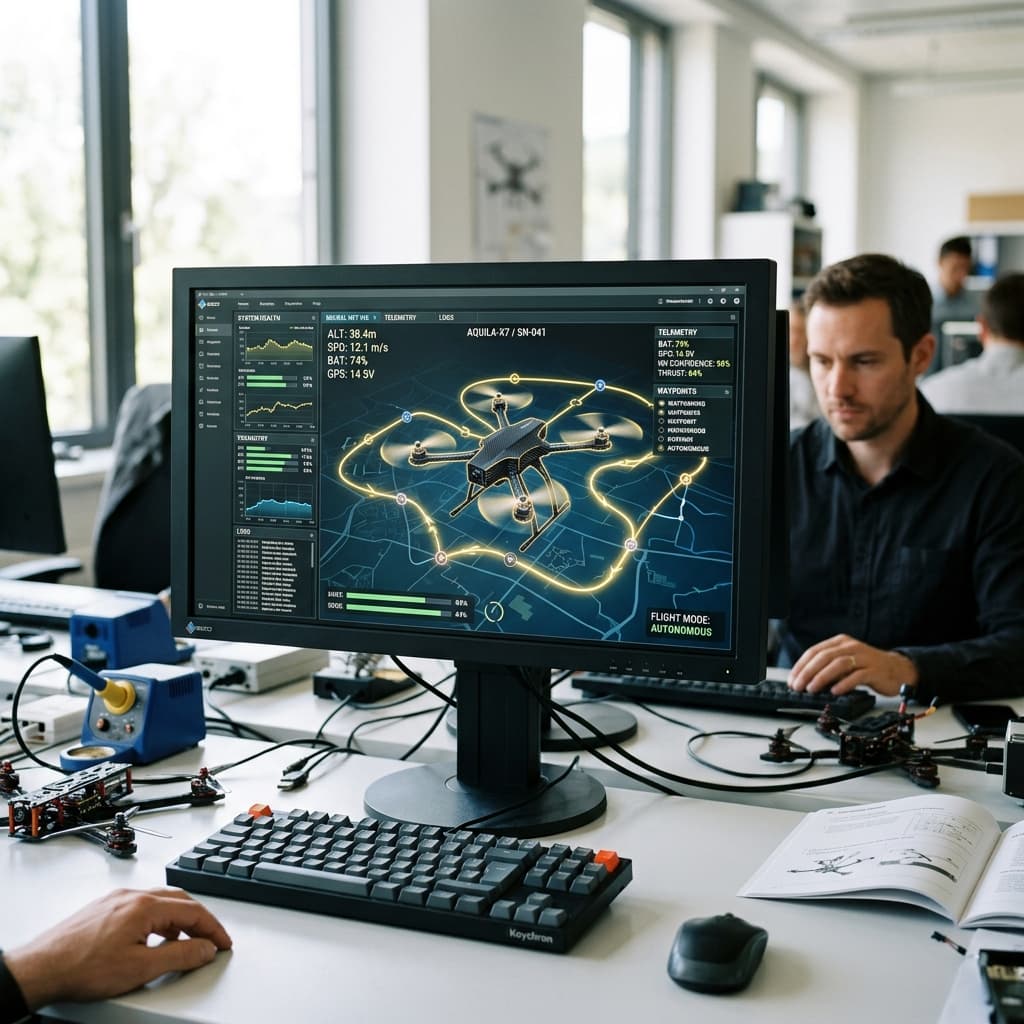 Engineering monitor showing neural network flight paths overlaid on a drone architecture
