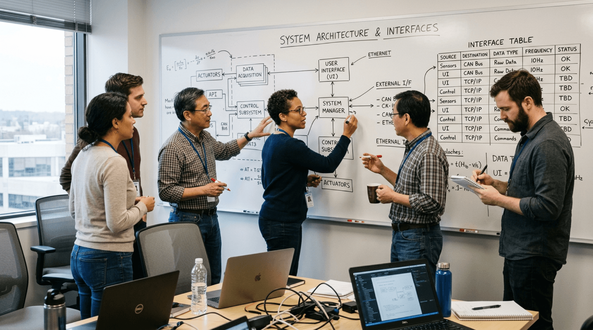 Systems engineers at a whiteboard with block diagrams and interface tables