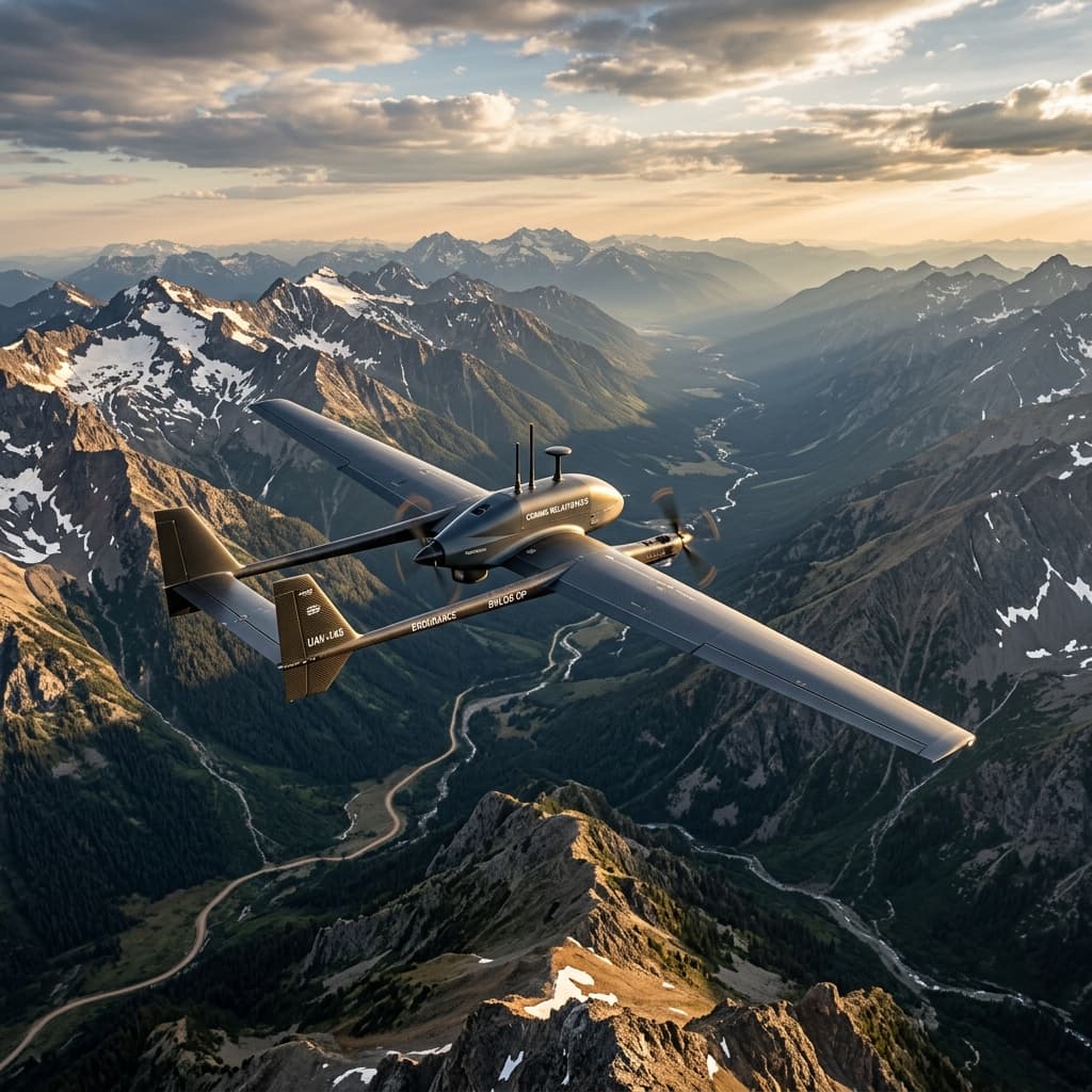 Aerial photography of a fixed-wing endurance drone flying beyond visual line of sight high over a rugged mountain valley
