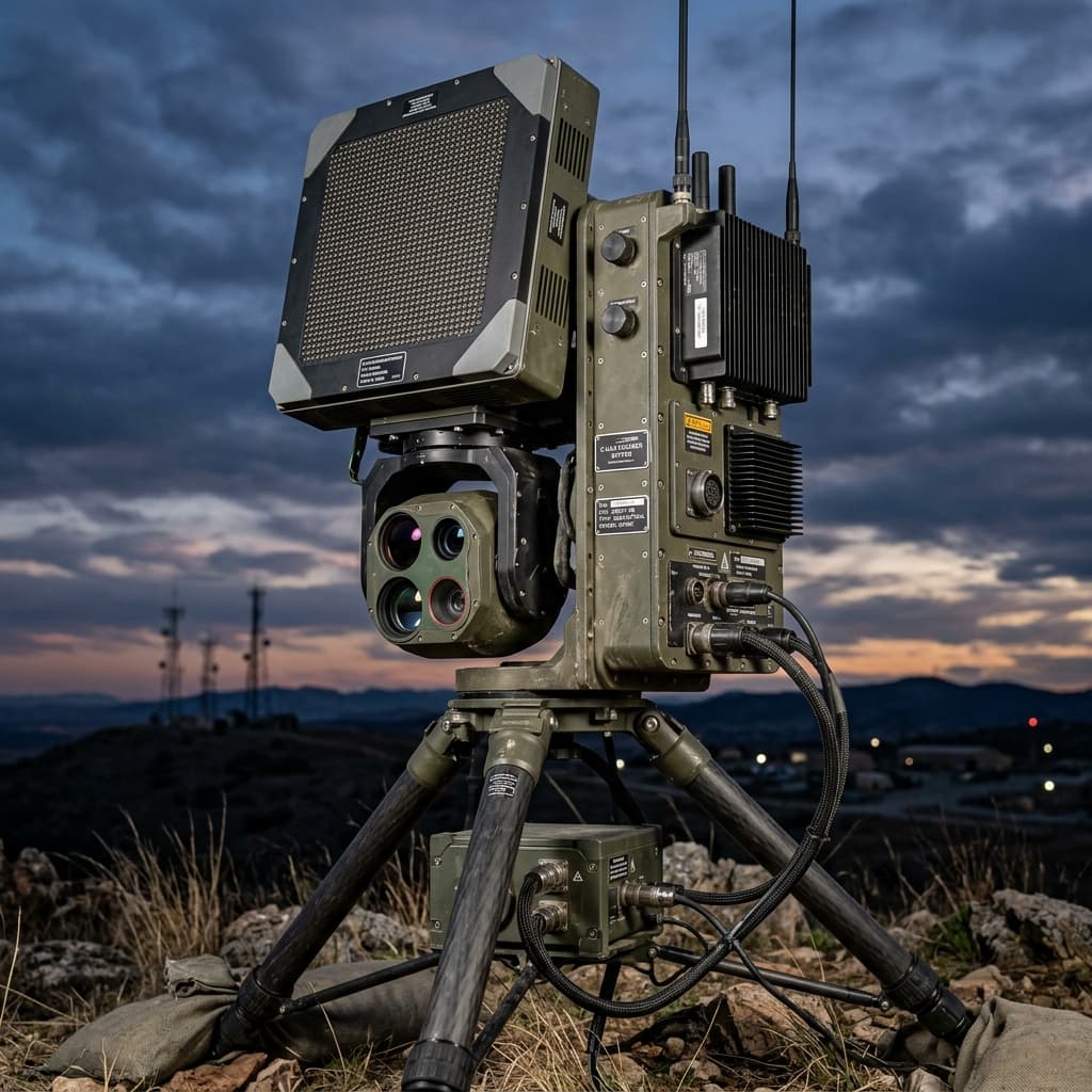 Highly technical military Counter-UAS system deployed on a tripod featuring complex AESA radar panels