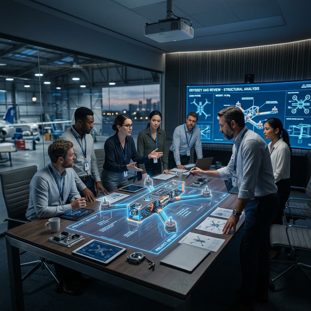 Cinematic wide shot of aerospace systems engineers in a modern design review room interacting with a massive 3D CAD projection