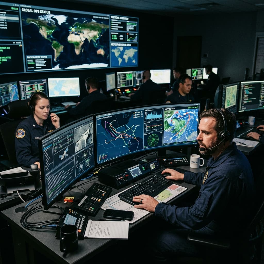Realistic, documentary-style photo of an advanced tactical flight operations center with dark mode aesthetics