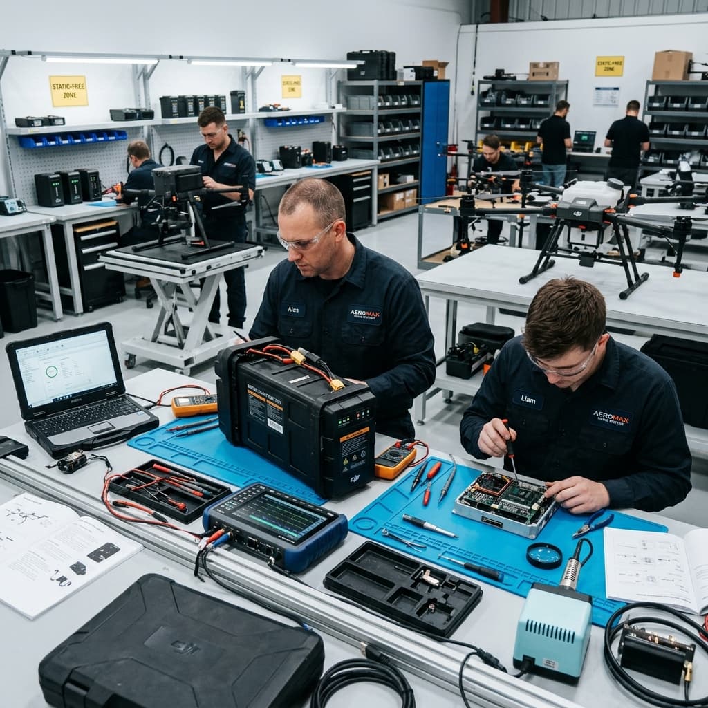 Enterprise drone maintenance depot with technicians carefully inspecting heavy-duty smart battery packs and avionics modules