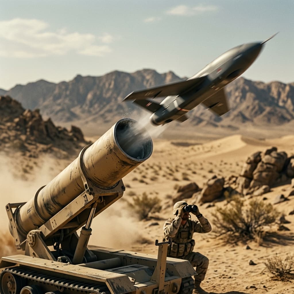 Cinematic shot of a sleek loitering munition drone launching rapidly from a rugged tactical pneumatic tube in a desert environment