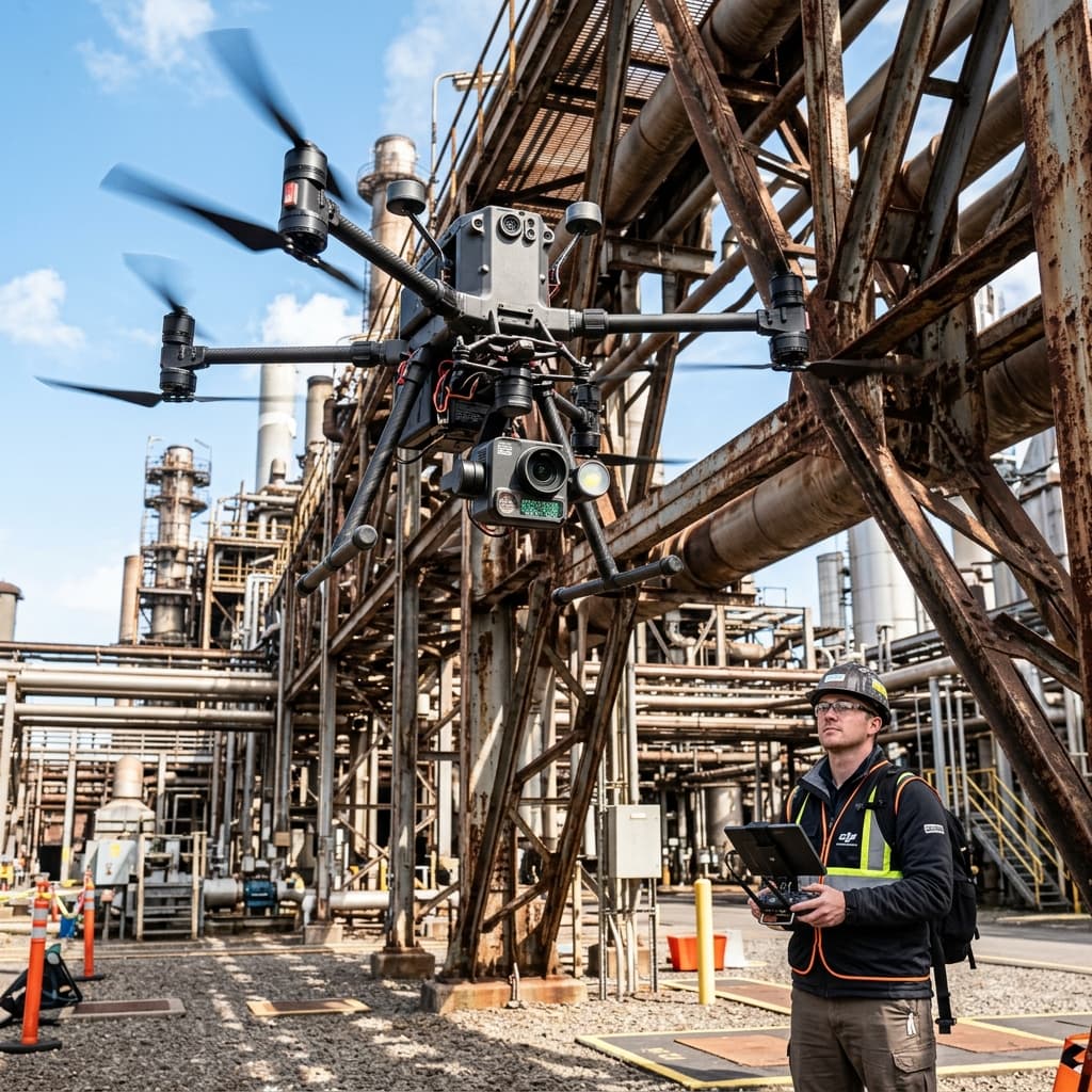 Heavy-lift multirotor drone performing close-up structural inspection of industrial architecture