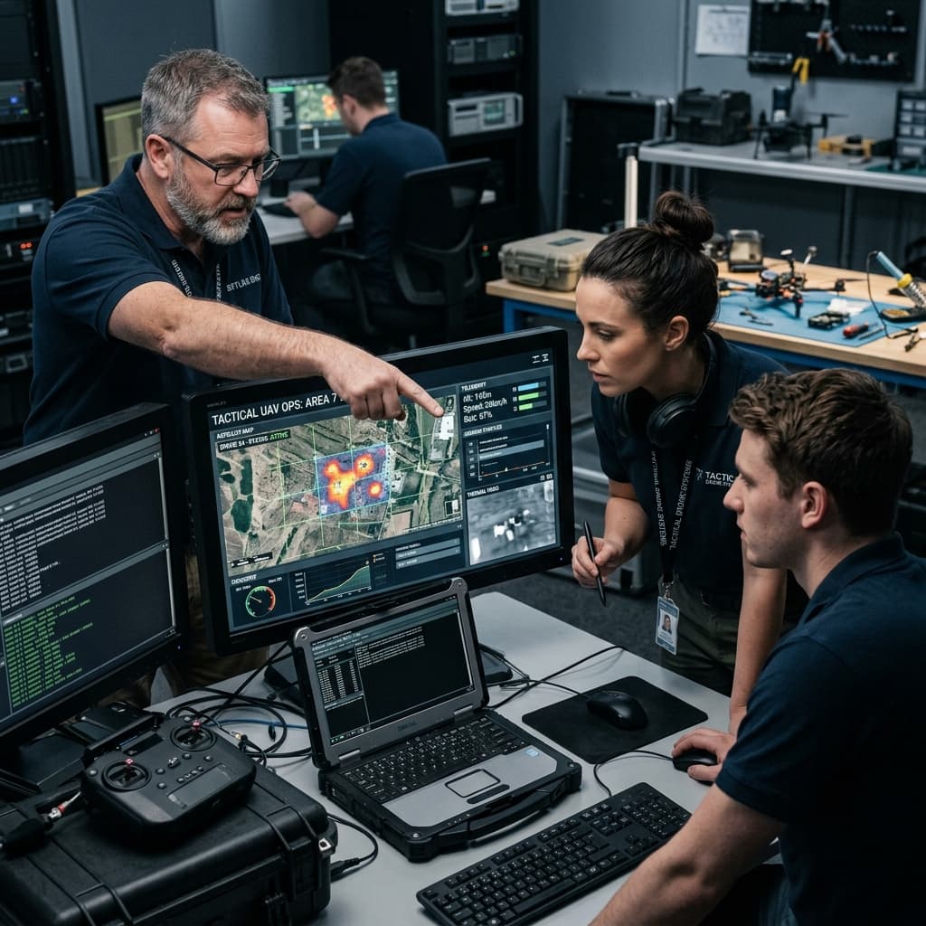 Technical engineers reviewing massive aerospace structural schematics on complex digital displays