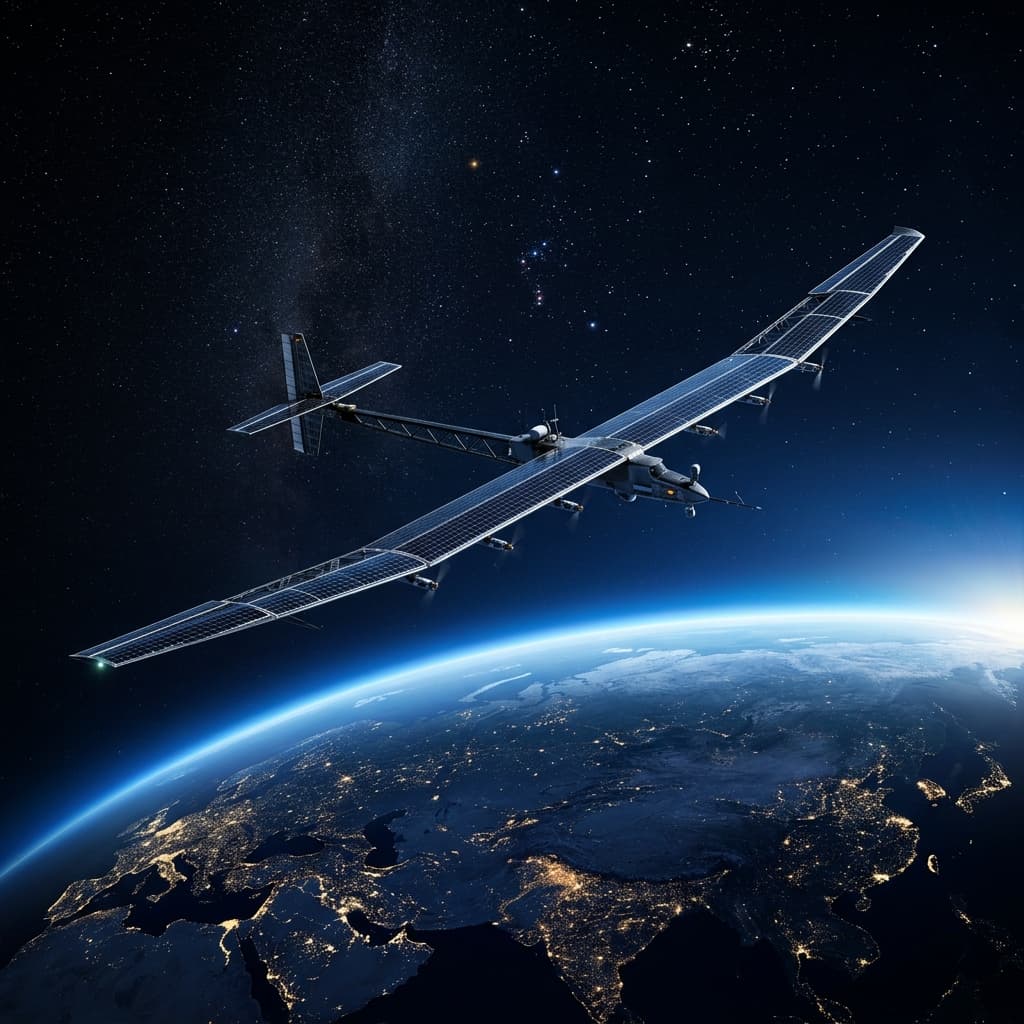 High altitude photography showing a massive, ultra-lightweight solar-powered fixed-wing drone (HAPS) flying in the dark stratosphere