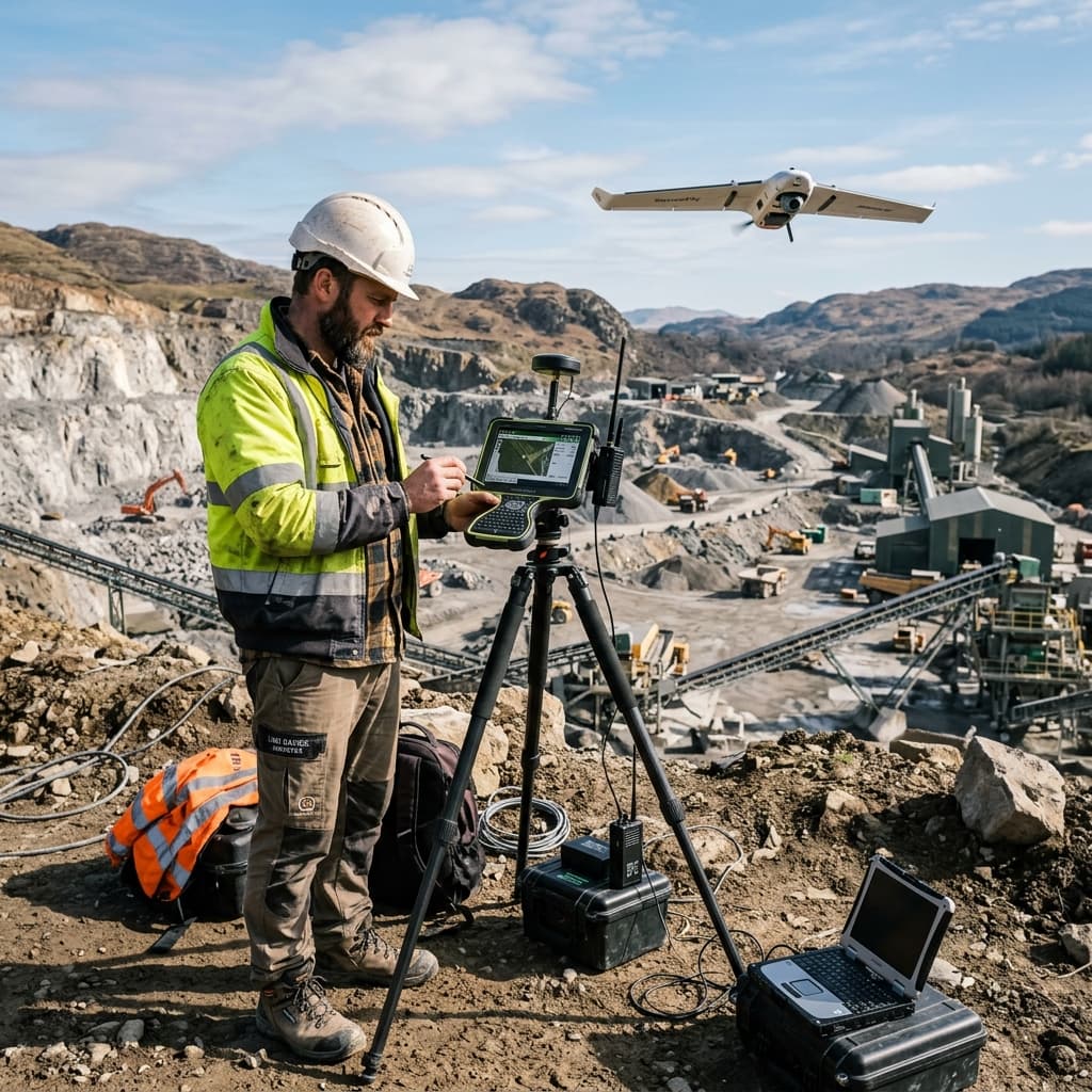 Professional surveyor operating a ground control station with a specialized mapping drone over complex industrial terrain