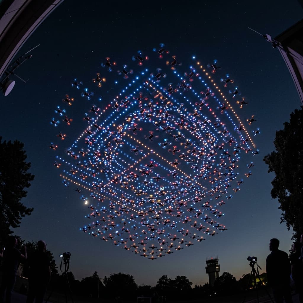 A highly coordinated massive swarm of small tactical quadcopters flying tightly formulated together in the night sky
