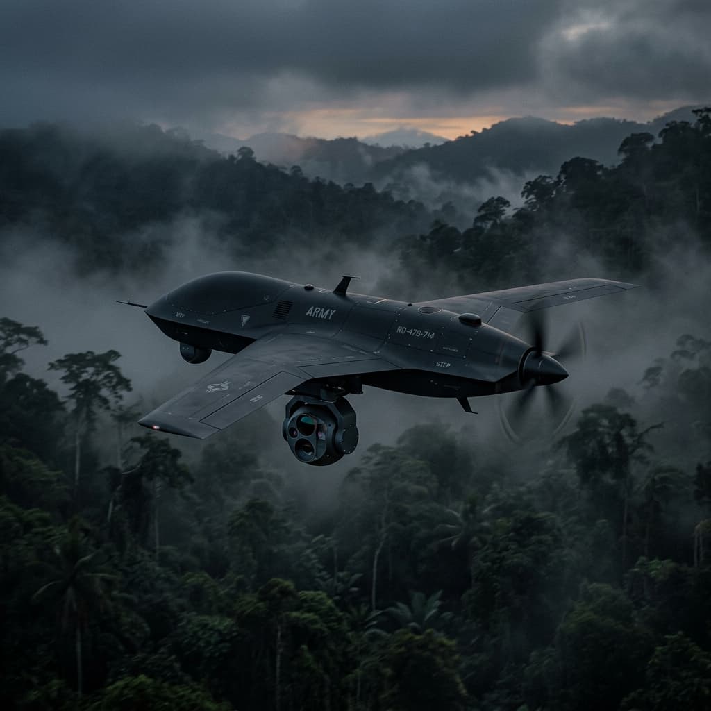 Stealthy tactical military fixed-wing drone flying low over a dense, foggy jungle canopy at dawn