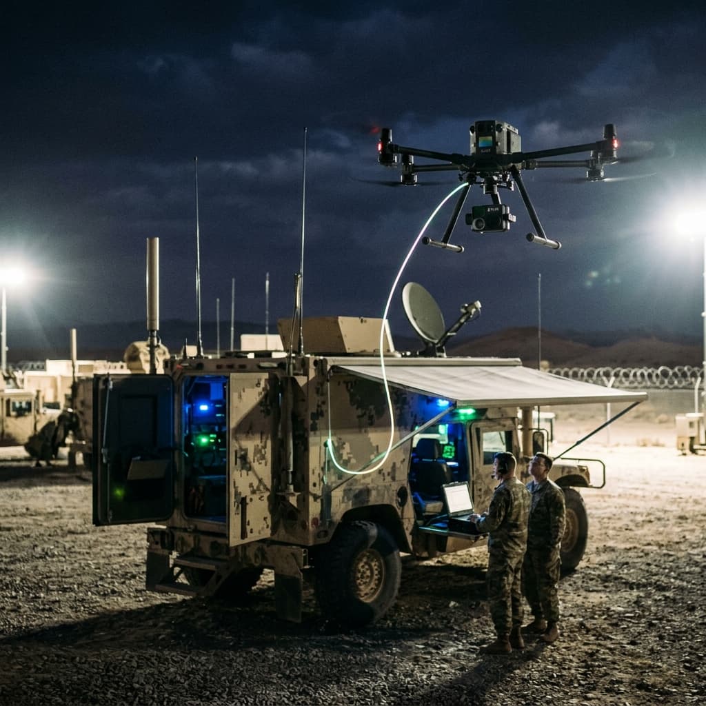 Documentary photo of a multirotor drone hovering near a mobile military command post, connected by a high-tension fiber-optic micro-tether