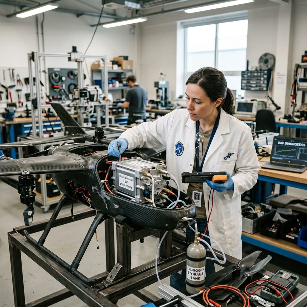 Engineer inspecting a compact hydrogen fuel cell module integrated into a UAV airframe