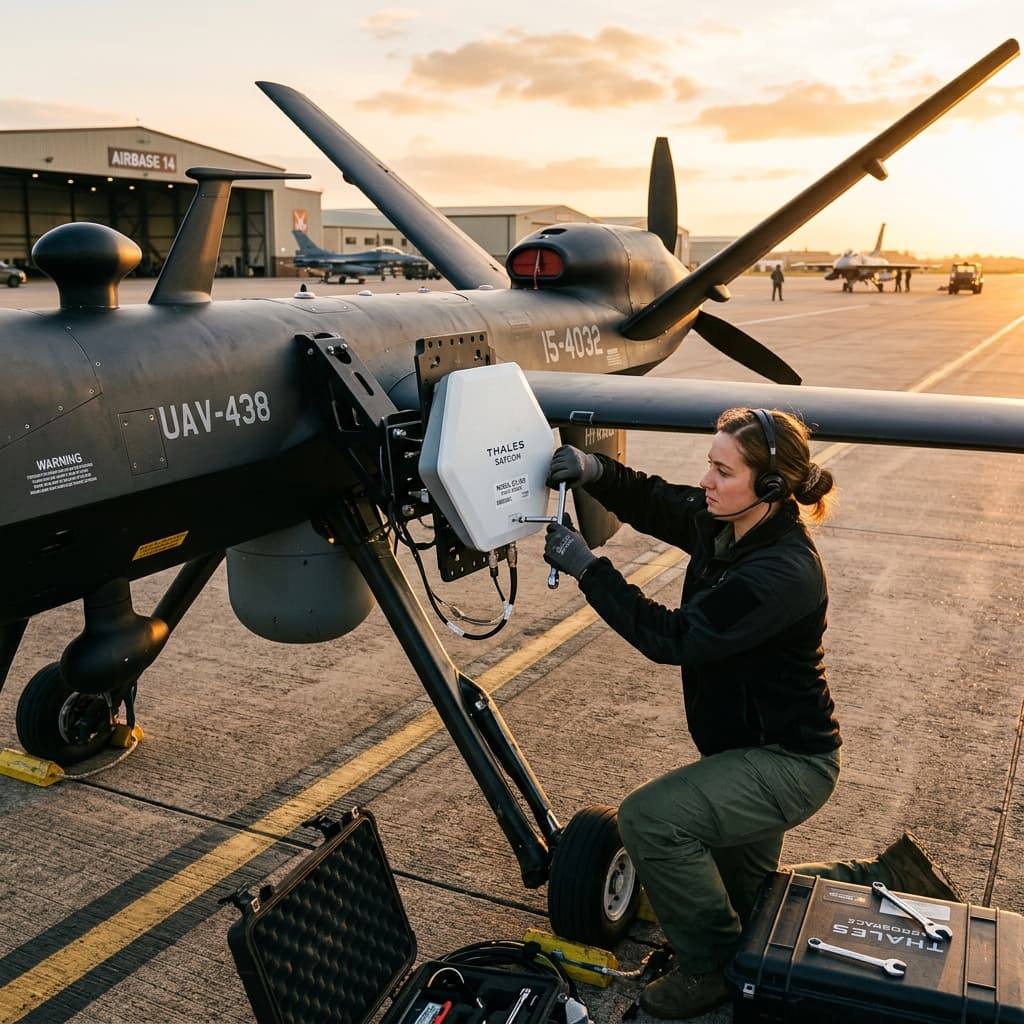 Compact satellite communications dish being mounted onto a tactical drone