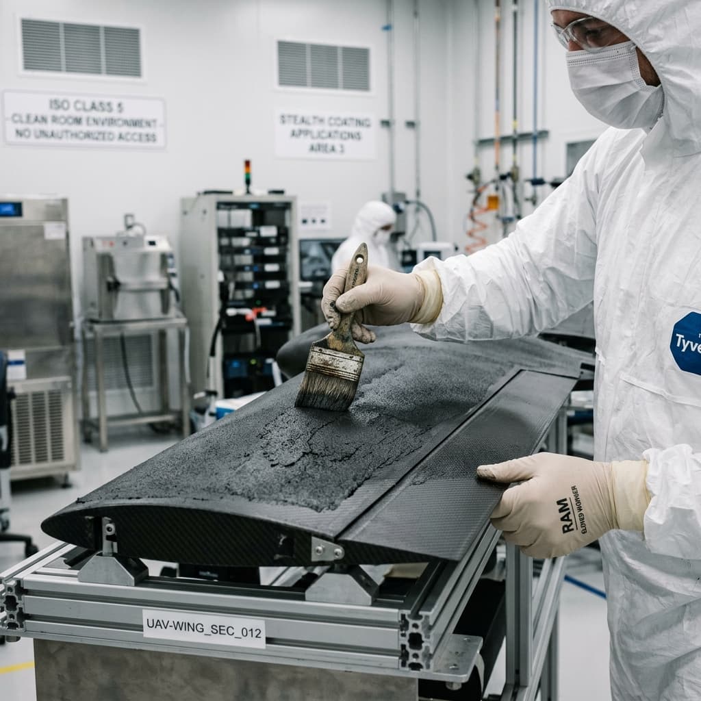 Drone wing panel being treated with radar-absorbent stealth coating