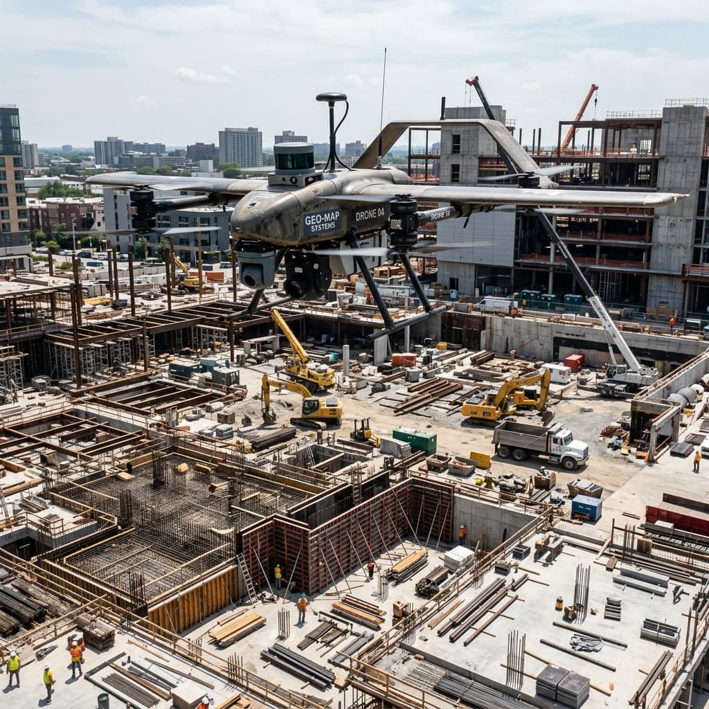 Specialized mapping drone flying over construction site