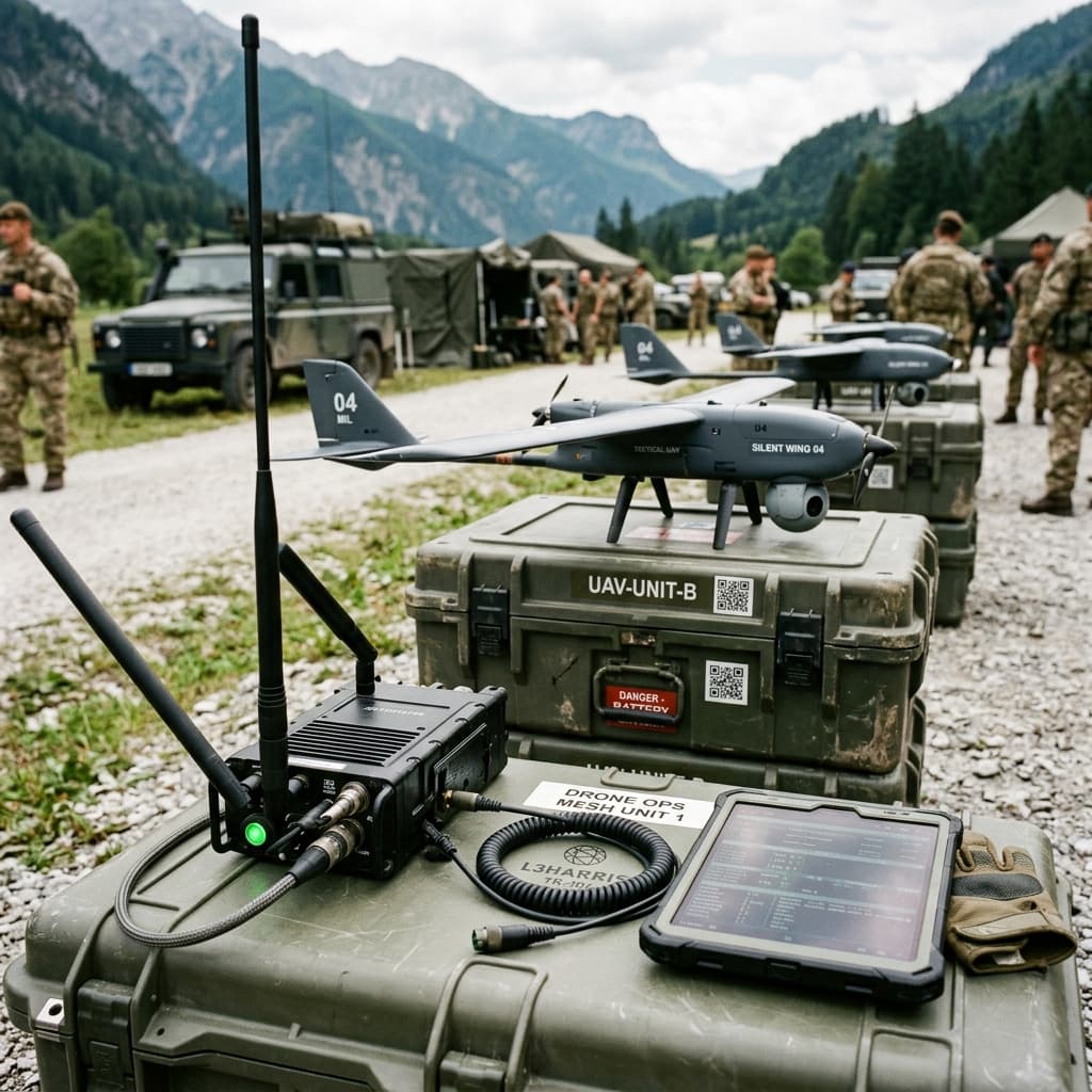 Multiple small unmanned aircraft displayed with mesh networking hardware