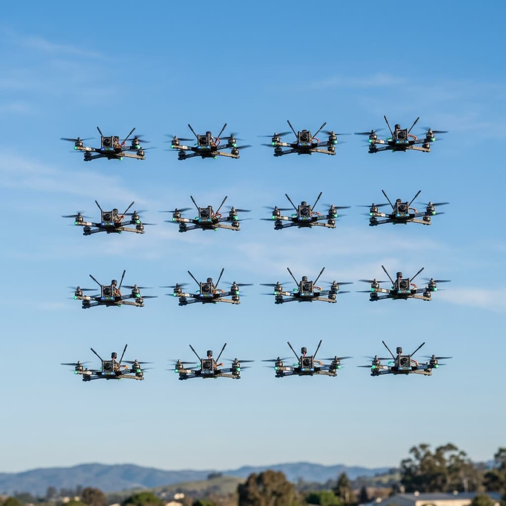 Highly coordinated swarm of identical quadcopters flying tightly together