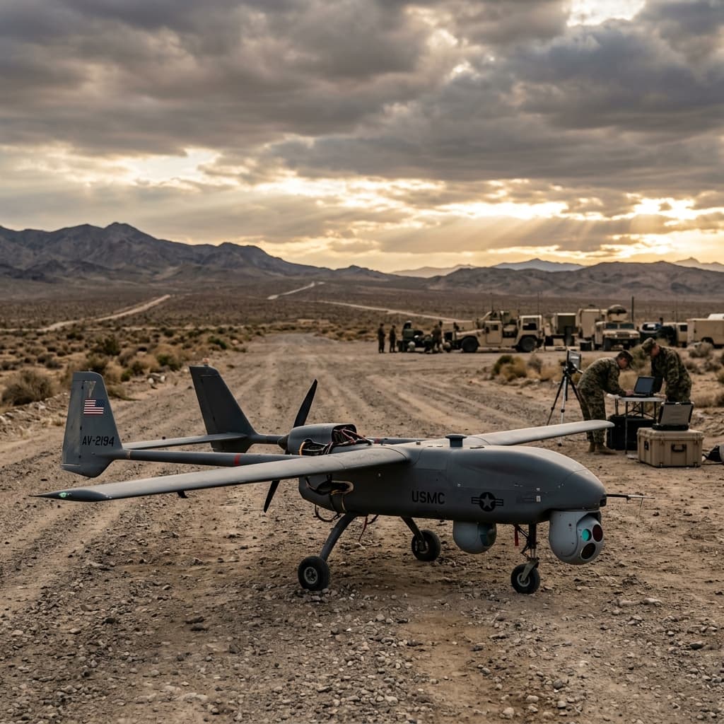 Military tactical UAV with electro-optical payload on a rugged runway