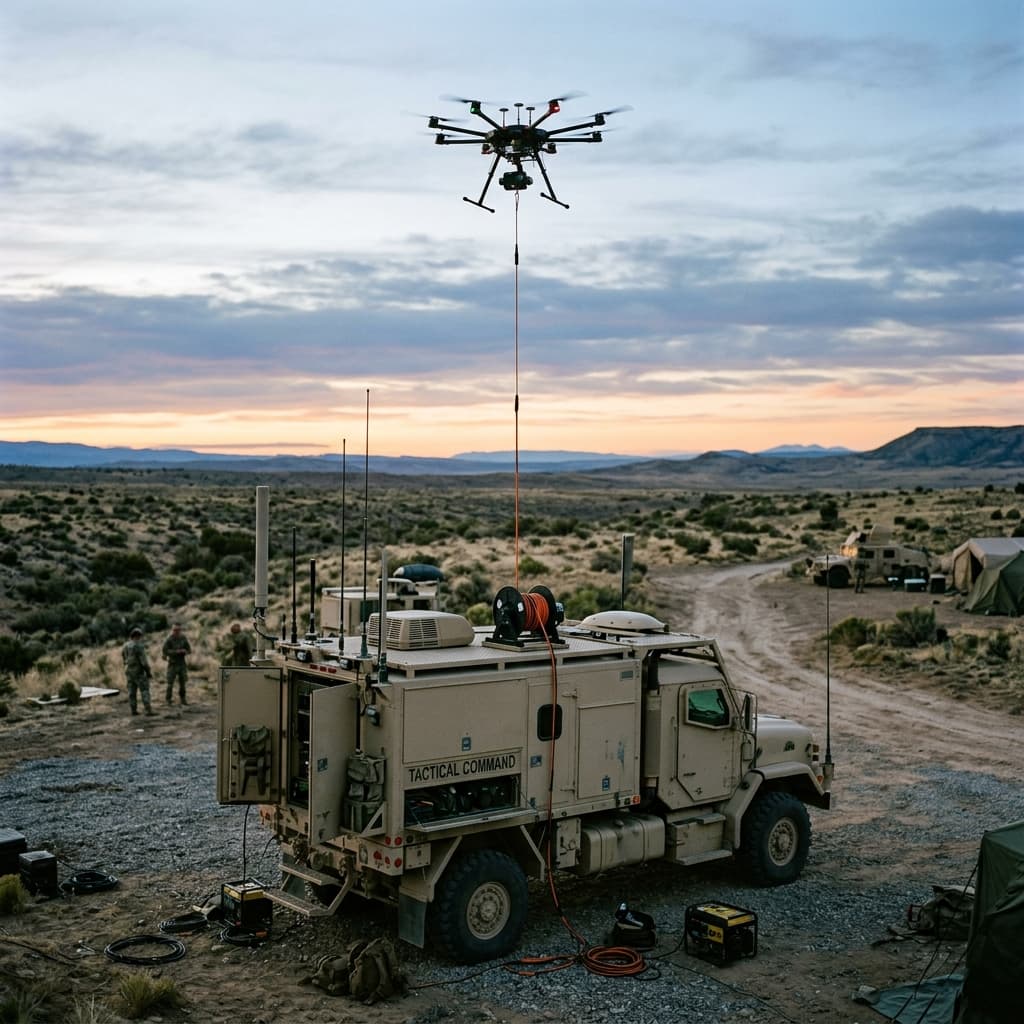 Tethered high-endurance drone hovering above command post