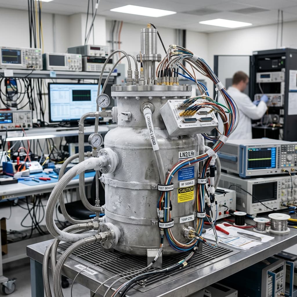 Cryogenic electronics test dewar in a laboratory with specialized wiring