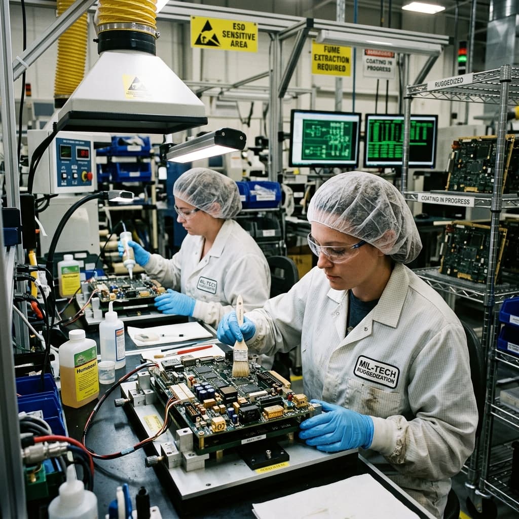Technicians applying conformal coating to complex military printed circuit boards in an assembly line