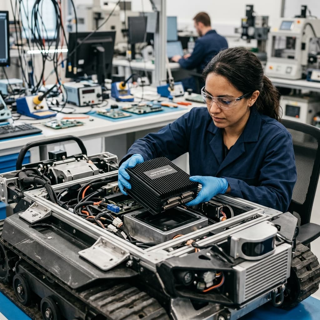 A ruggedized tensor processing module embedded within massive dense aluminum heat sinks