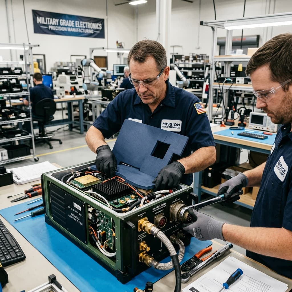 Skilled technicians assembling complex ruggedized electronics enclosures with thick thermal padding and heavy duty aerospace connectors