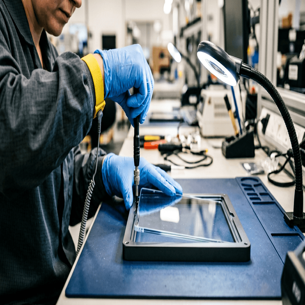 Specialized technicians validating massive pure structural bezel matrices clamping delicate sheer optical substrates