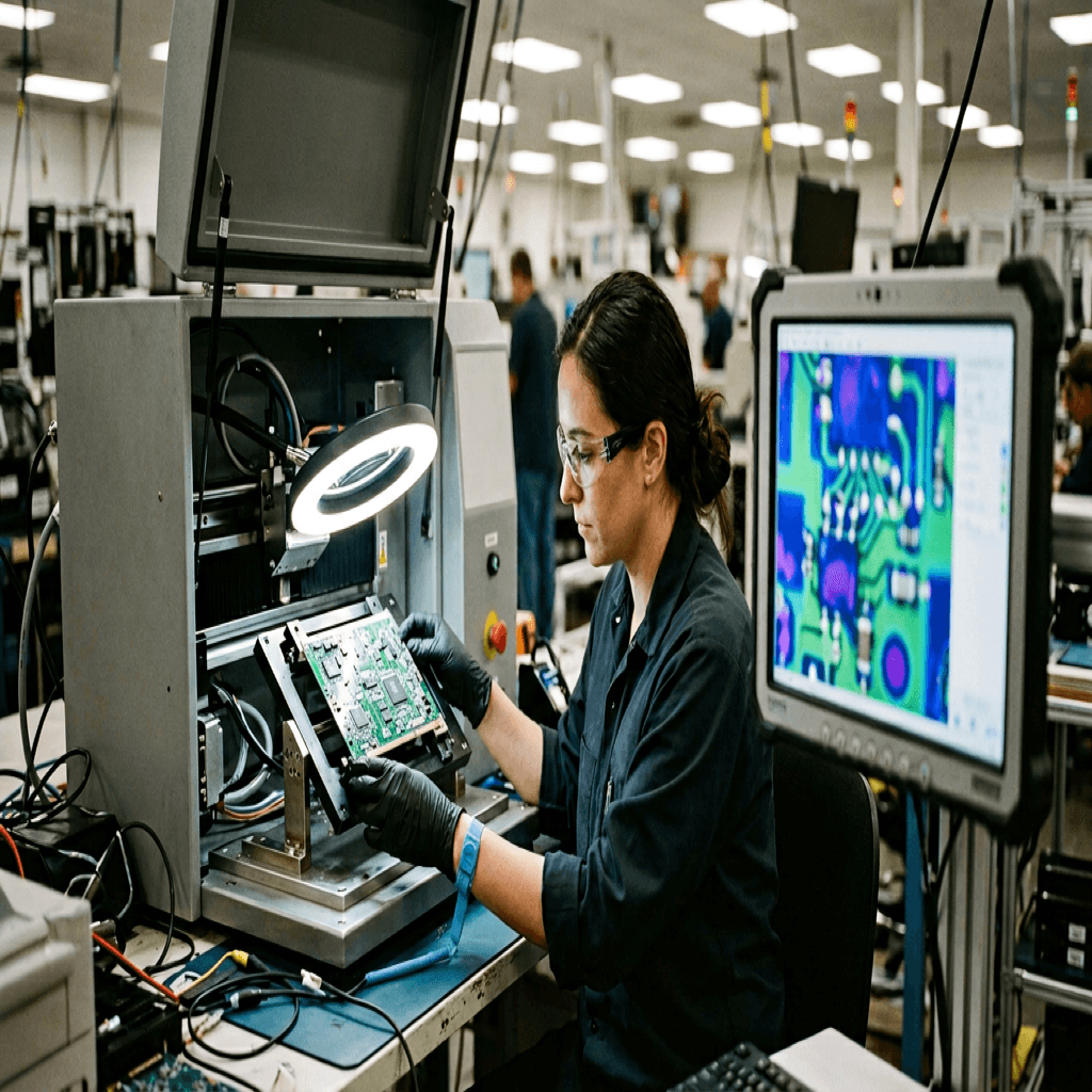 Specialized technicians validating massive complex automated optical inspection matrices tracking pure physical solder alignment