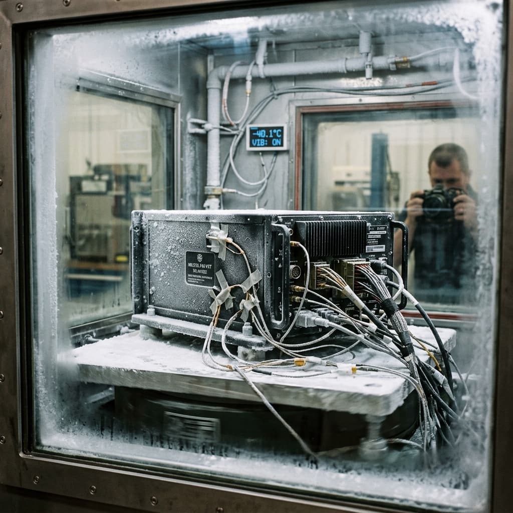 Military grade electronics undergoing extreme temperature and heavy vibration testing inside a rugged environmental chamber