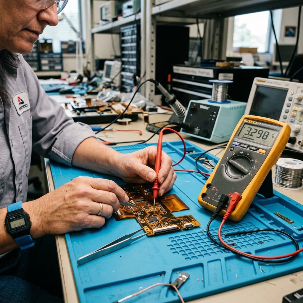 Engineer working with a flexible printed circuit board on an anti-static mat