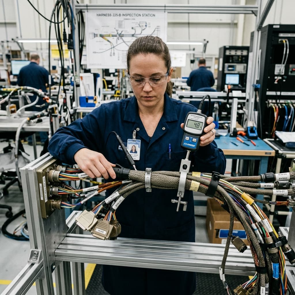 Thick ruggedized braided aerospace harness cabling being meticulously inspected and strain relief tested by a hardware technician