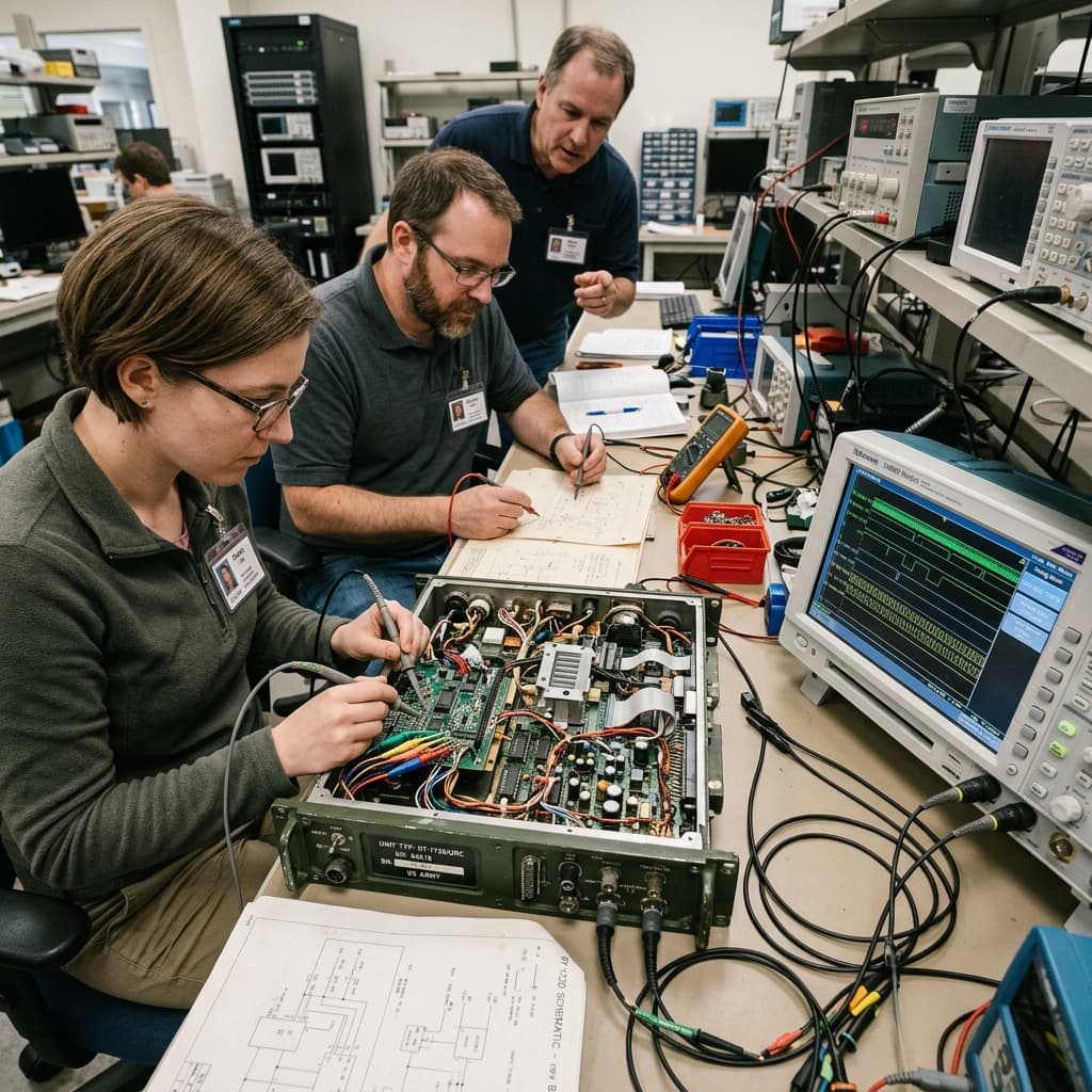 Hardware engineers reverse engineering a legacy tactical military electronics module with massive logic analyzers
