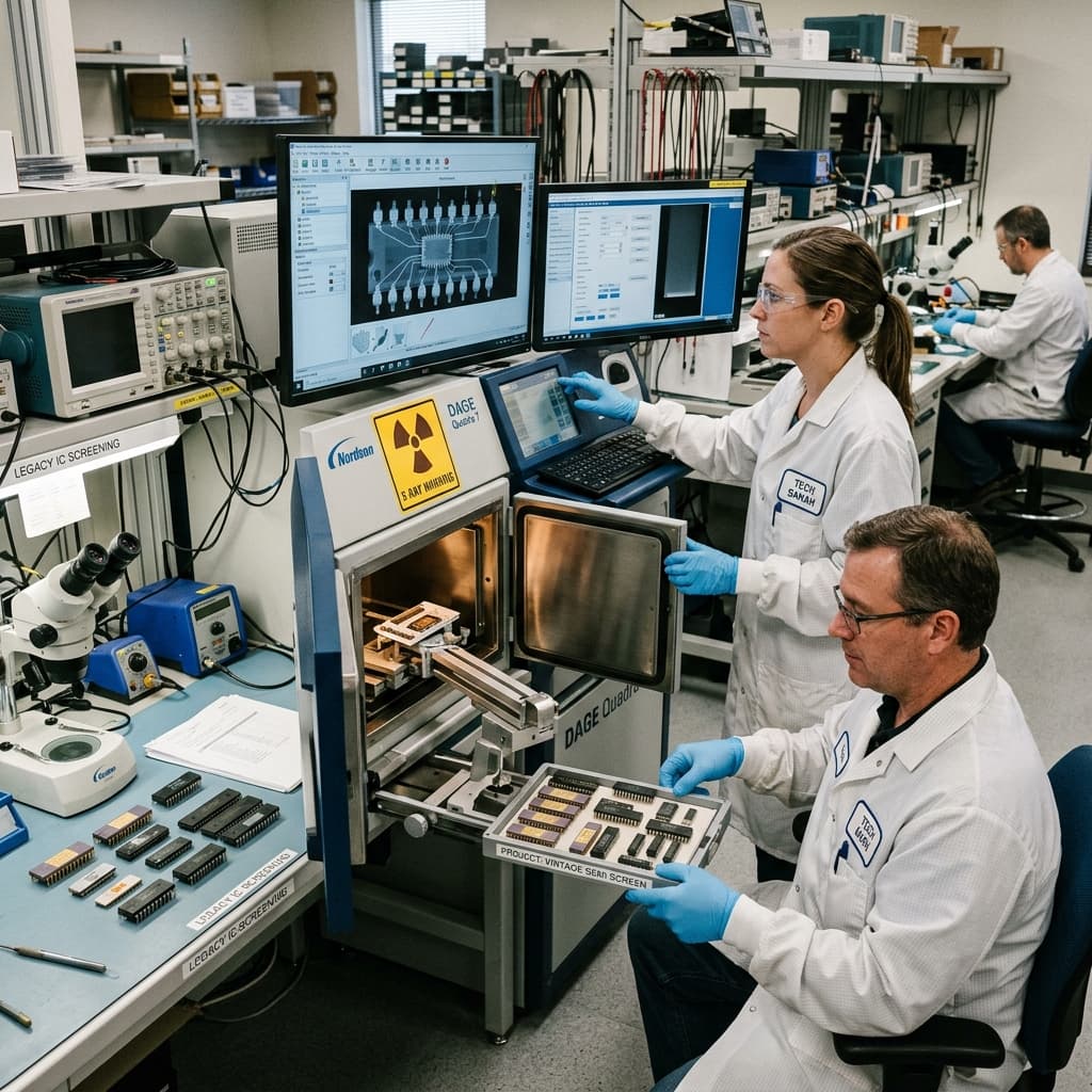 Specialized technical staff conducting detailed massive x ray counterfeit screening on legacy integrated circuit chips