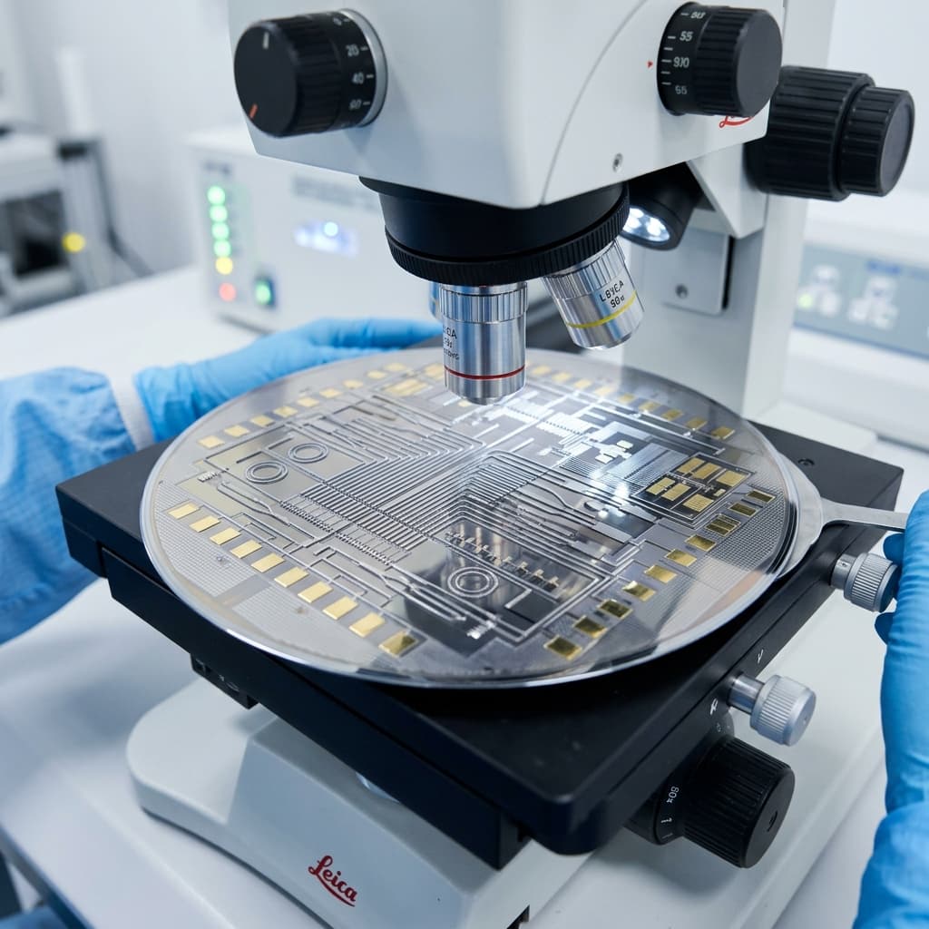 Integrated photonic circuit wafer under an inspection microscope in a cleanroom