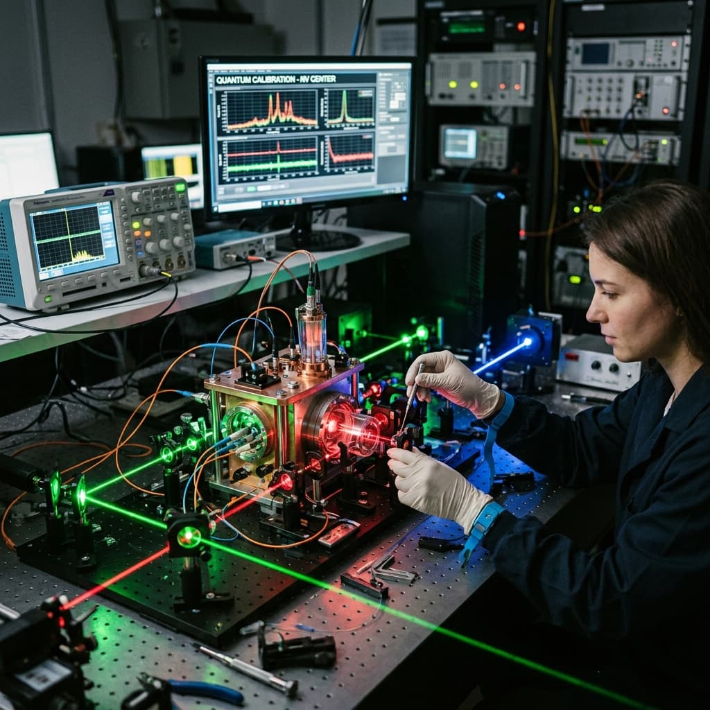 Quantum sensing module being calibrated in a high-tech engineering lab