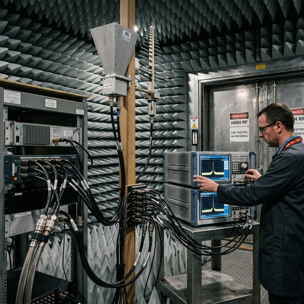Anechoic chamber testing radio frequency antennas and thick coaxial cables