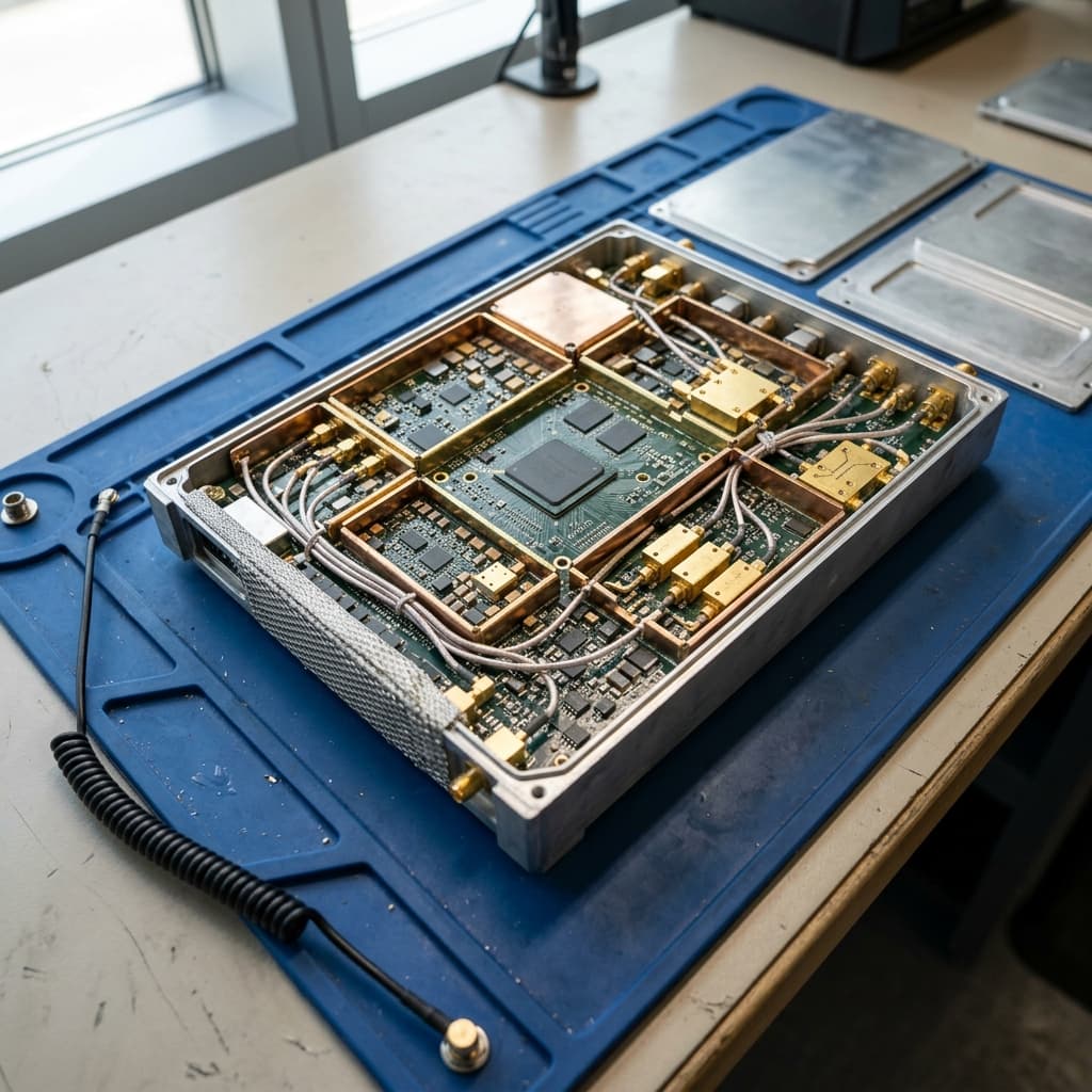 Heavily shielded radio frequency circuit boards inside an anechoic testing chamber
