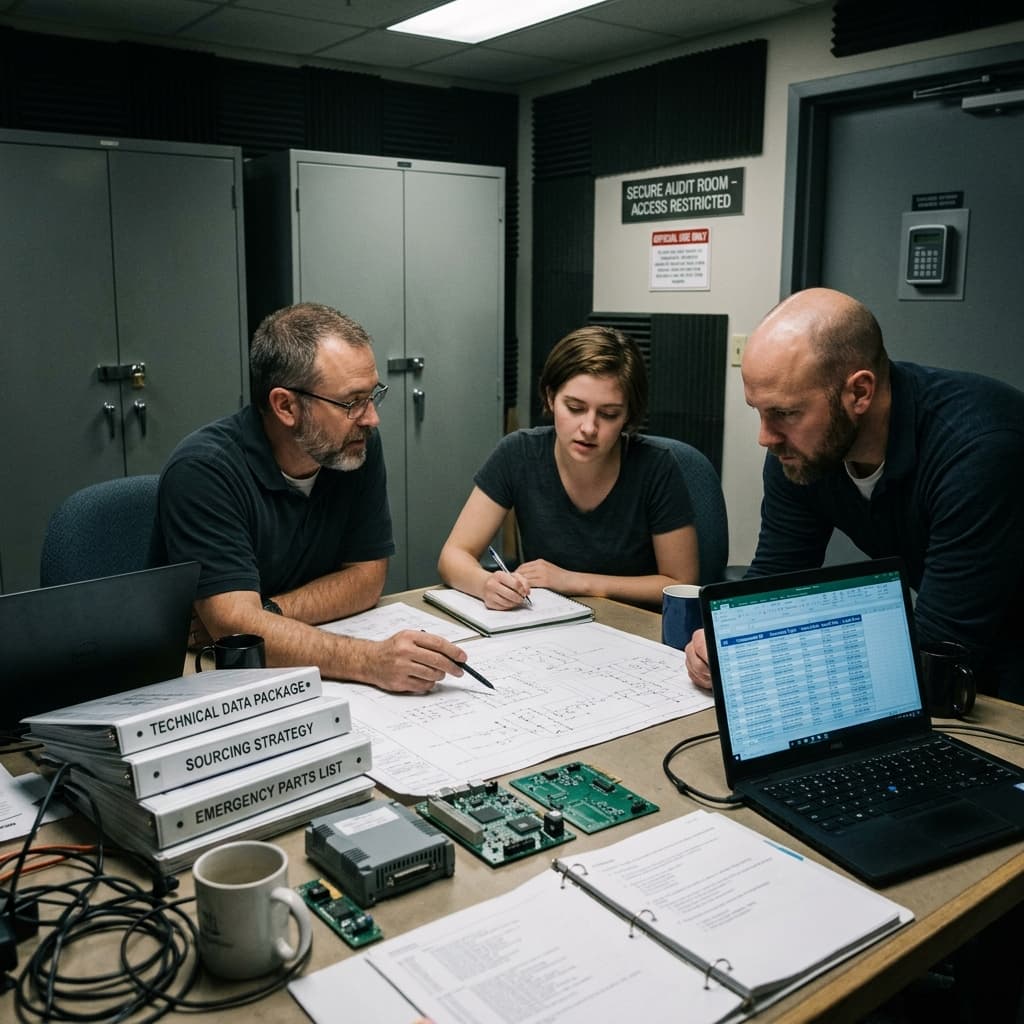 Engineers auditing detailed technical data packages and sourcing plans for sovereign defense electronic components