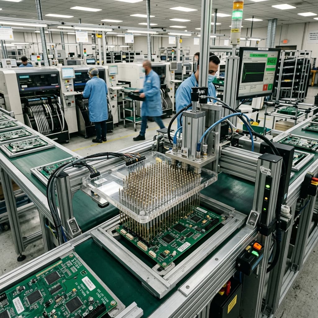 Custom bed of nails test fixtures connecting automatically to production circuit boards in a factory assembly line