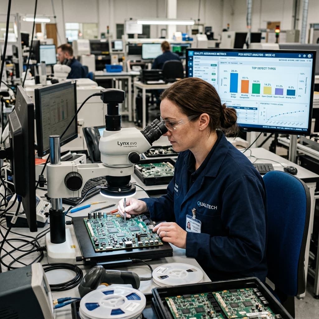 Quality assurance personnel inspecting complex printed circuit boards with high magnification optical equipment