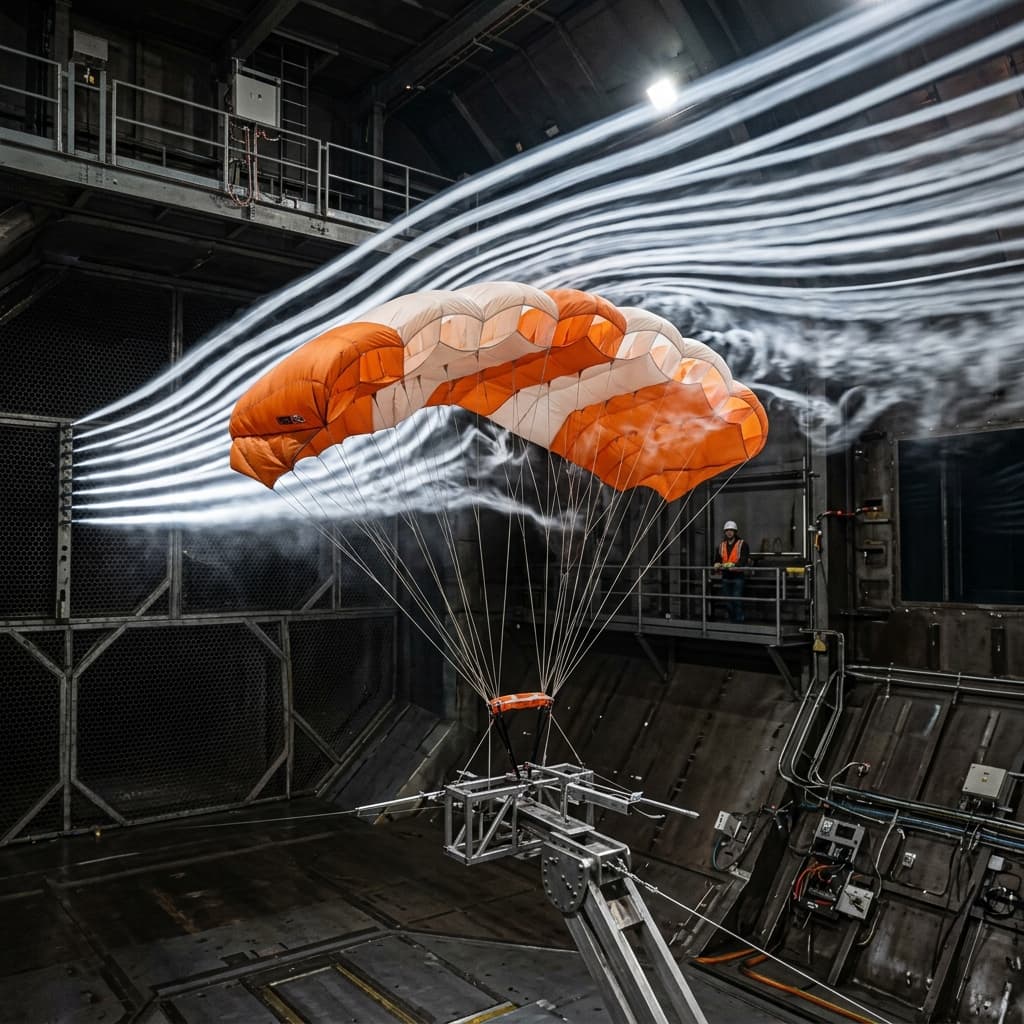 Scale parachute model inside massive aerodynamic wind tunnel testing facility