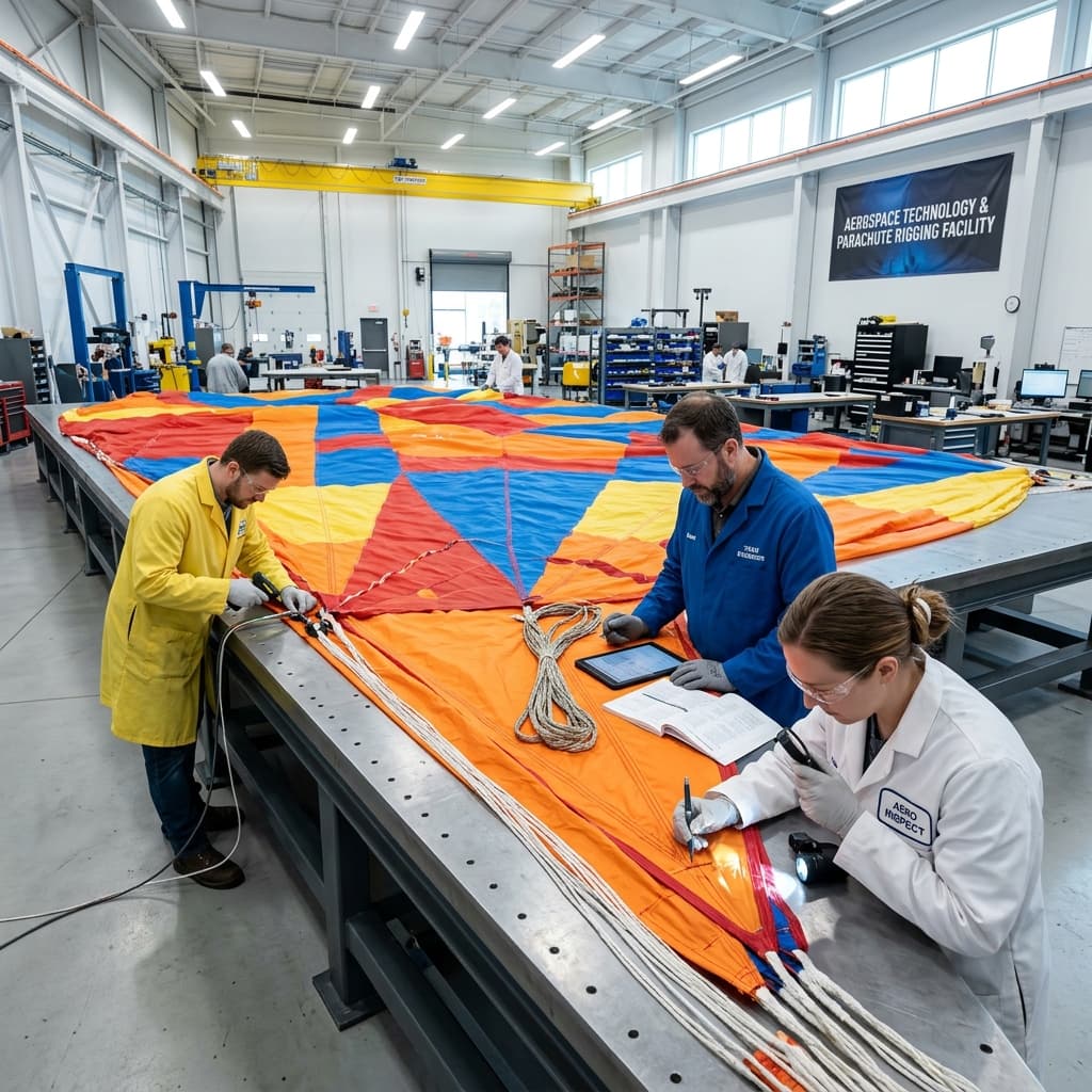 Aerospace engineers inspecting a massive brightly colored parachute canopy